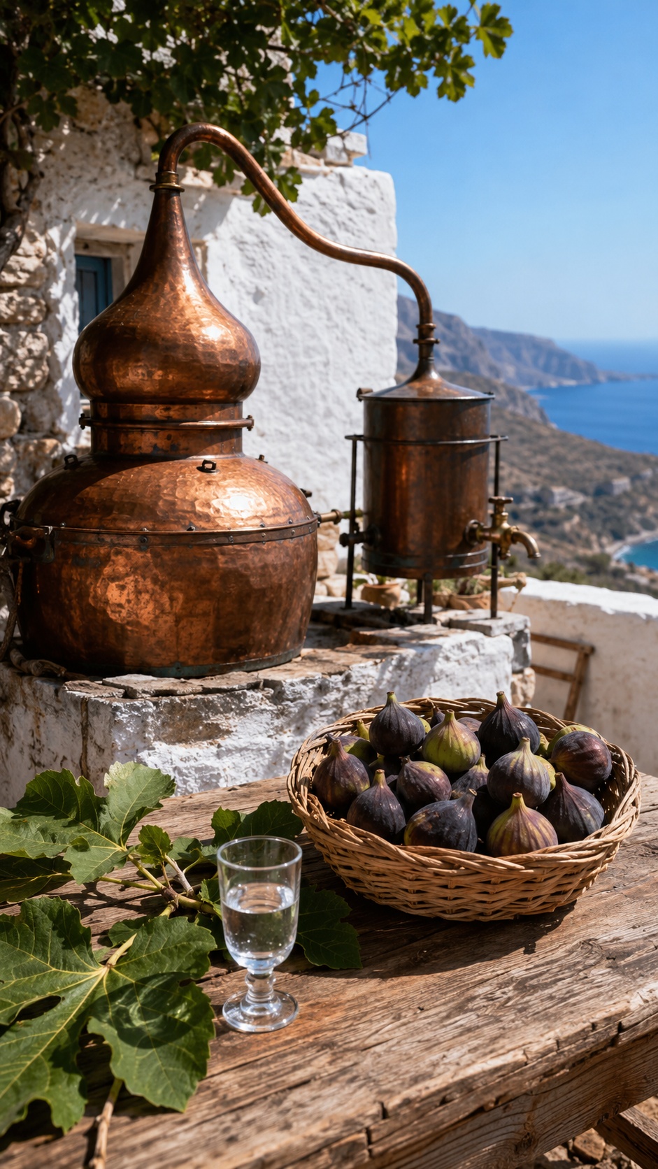 Tavolo azzurro su una terrazza con vista sul mare di Karpathos