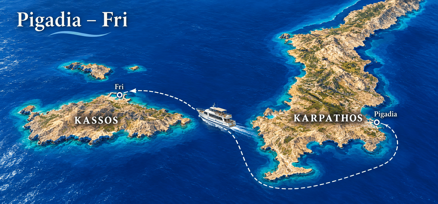 Piccole barche ormeggiate in un porto di pescatori di Karpathos, con il mare calmo verso le isole vicine