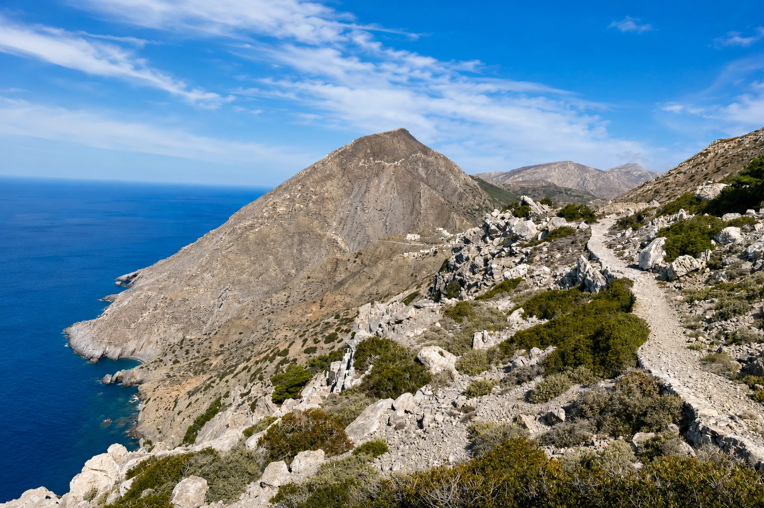 Piccola cappella in pietra con campana lungo un sentiero di montagna a Karpathos