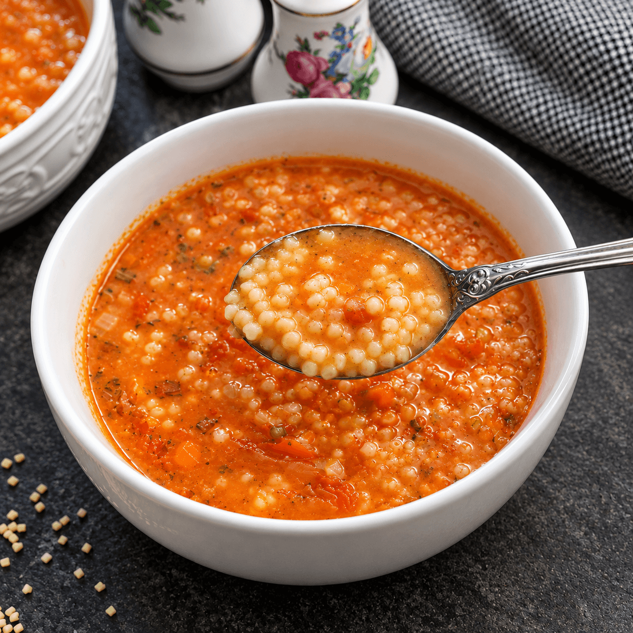 Una scodella bianca di trahanas fumante, con un cucchiaio d'argento pieno dei piccoli grani della zuppa